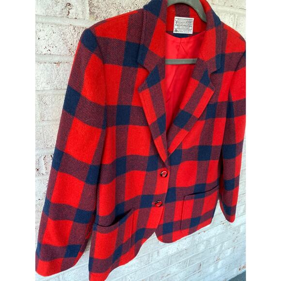 Pendleton Women's Vintage Red & Navy Plaid 100% Virgin Wool Blazer Size M - Picture 2 of 5